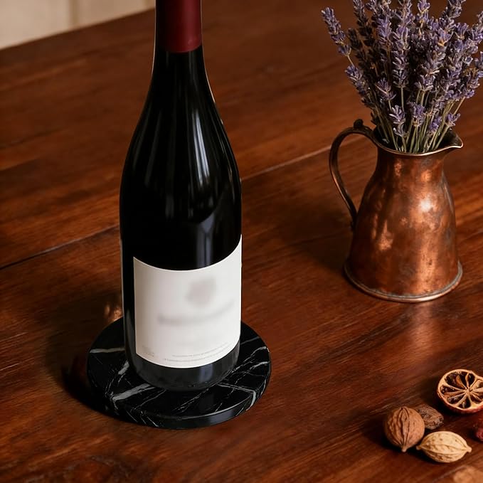 Natural Marble Coasters, Round Costers, Luxury Aesthetic Modern Decor for Coffee Table Bar Kitchen Home, Black Marble, Real Natural Semi Absorbent Stone Coasters