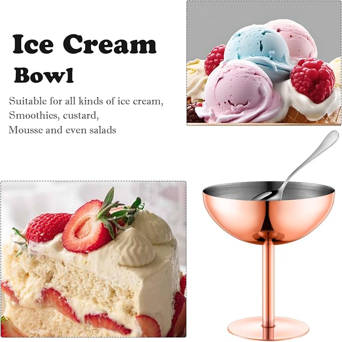 Ice Cream Bowls Stainless Steel Dessert Cups with Spoons Reusable Footed Sundae Cups Ice Cream Cups for Dessert, Frozen Yogurt, Gelato, Birthday Party Decorations (1, Rose glod)