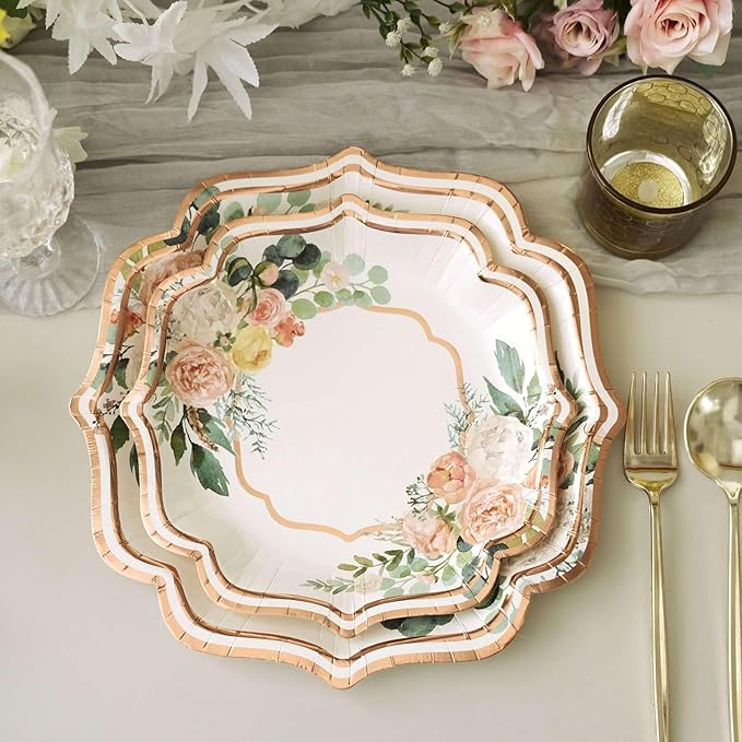 50 Pack 8" White/Rose Gold Floral Print Scallop Rim Dessert Plates, Disposable Round Paper Appetizer Salad Plates 300 GSM for Party Decoration