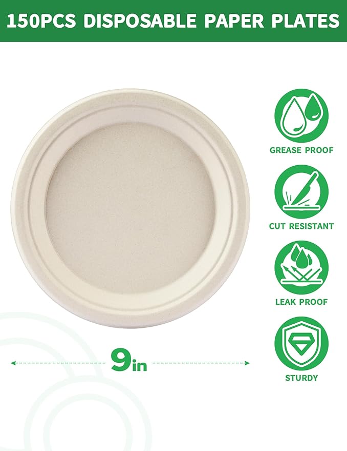100% Compostable 9 Inch Paper Plates [150-Pack] - Heavy Duty Disposable Dinner Plates Made of Natural Bagasse, Biodegradable & Eco-Friendly for Parties, Wedding, Catering