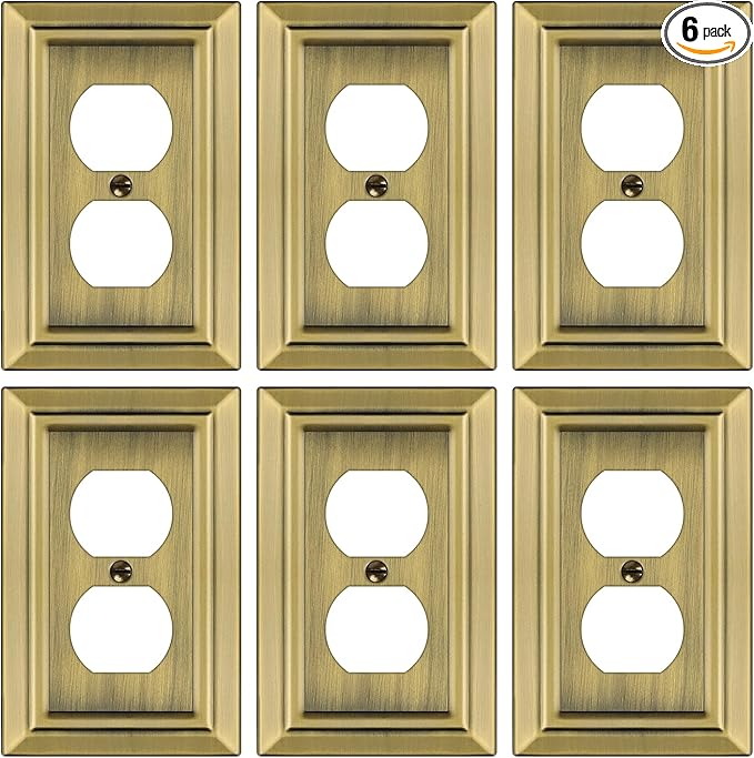 Metal Wall Plate for Electrical Outlets, Decorative Antique Brass Switch Plates Outlet Cover, Light Switch Cover Plate, 1-Gang Wall Plates (Duplex Outlet, 6 Pack)