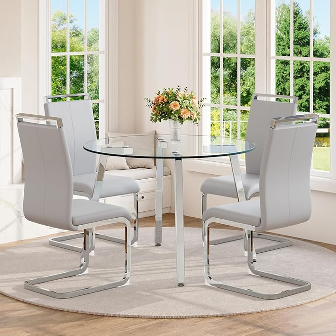 42" Round Glass Dining Table Set for 4,Modern Breakfast Table Set for 4 with Silver Chrome Legs,Space Saving Kitchen Table and Light Grey Chairs for Apartment,Easy Assembly