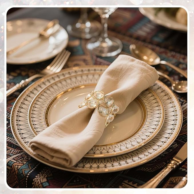 Crystal Metal Napkin Rings Set, Elegant Wedding/Party Table Decor, Shiny Holiday Dinner Accessories Bulk, Bridal Shower Gift, Anniversary, Christmas, Home Decor Essentials (Gold, 12-Pcs)