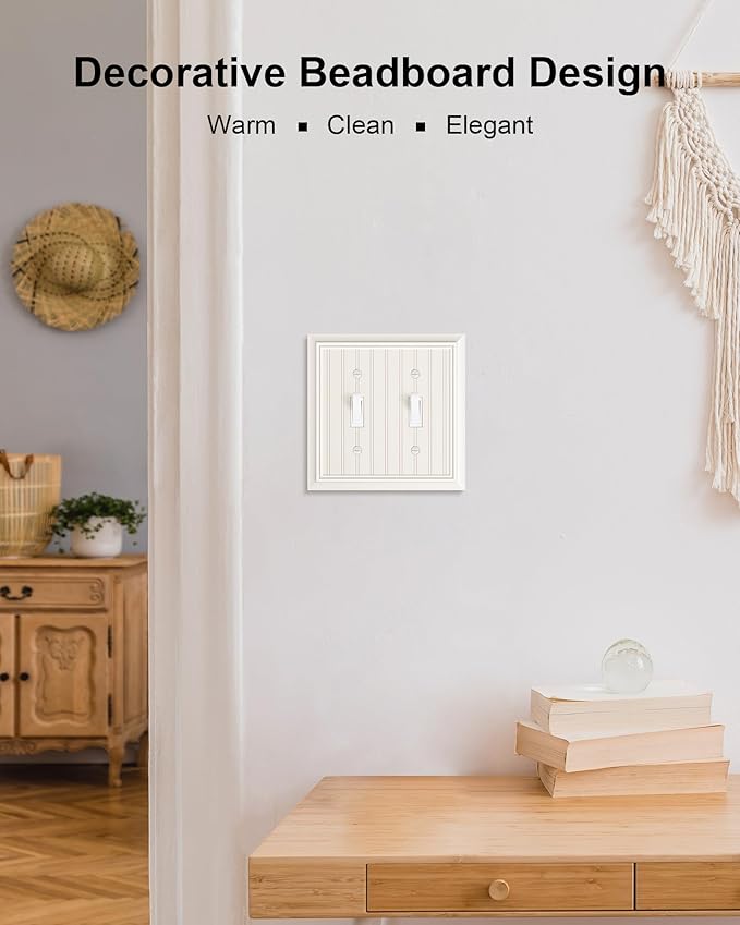 2-Pack Classic Beadboard Double Toggle Light Switch Cover Plate, Durable Natural Bamboo Fiber Decorative Switch Plate Covers, Light Almond 2 Gang Wall Plate