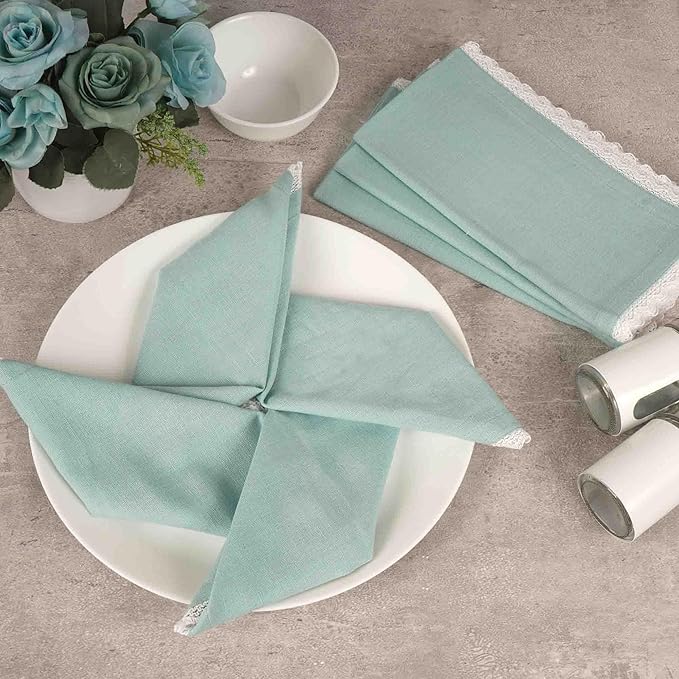 FINGERCRAFT Dinner Cloth Napkin Cotton Linen Blend 4 Pack Mitered Corners with Elegant Lace for Everyday Use Napkins are Pre Shrunk and Good Absorbency Aqua