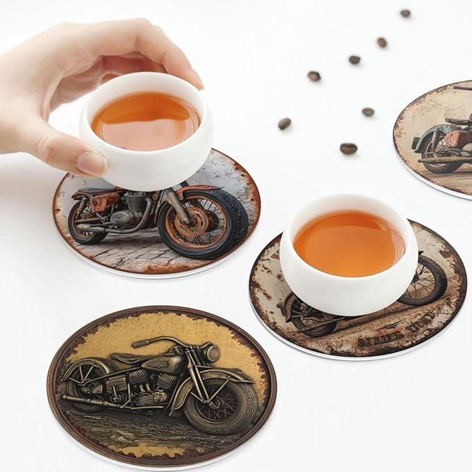 Retro Motorcycle Coasters for Drinks with Holder Round Leather Coasters Set of 6 Cups Mugs Mat Pad for Home Kitchen Bar