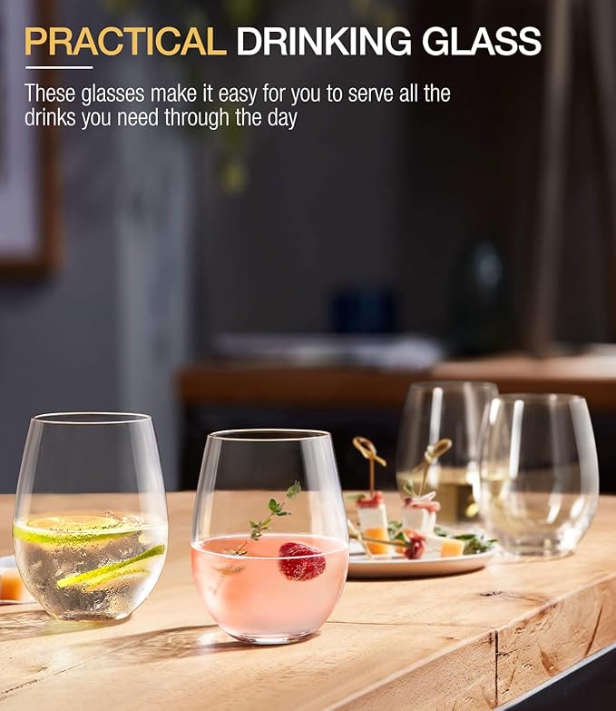 LUNA & MANTHA Stemless Wine Glasses Set of 12, 18oz Crystal Red White Wine Glasses for Daily Use, Hosting, Home Bar, Evening Party, Birthdays, Shower, Housewarming Gift, Clear