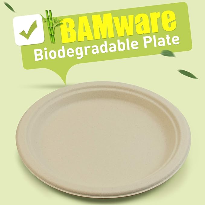 Green Earth, 9-Inch, 500-Count, Compostable Plates, Natural Bamboo Fibers, Everyday Tableware - Biodegradable Disposable Round Shape Microwave-Safe Gluten-Free Eco-Friendly