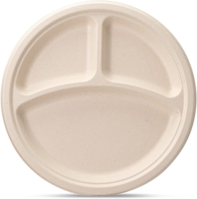 GUSTO [Case of 500 10 Inch Heavy-Duty 100% Compostable, 3 Compartment Eco-Friendly, Disposable Sugarcane Paper Plates - Brown Unbleached (Formerly Comfy Package)