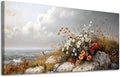 ADJUVANT Wall Art Vintage Coastal Floral Scene 40"L x 20"W, Seaside Wildflowers By The Ocean Canvas Painting Nature Artwork Coastal Blooms Prints Botanic Decor for Living Room Bedroom Bathroom Home Office