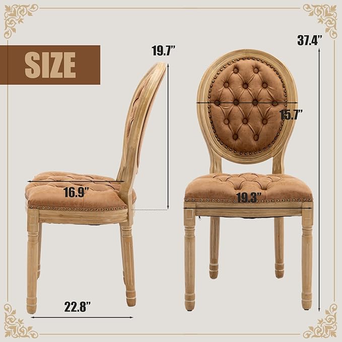SoarFlash French Dining Chairs Set of 2, Vantage Dining Chair with Round Back, Wood Leg Farmhouse Country PU Leather Dining Chair for Kitchen,Bedroom,Orange