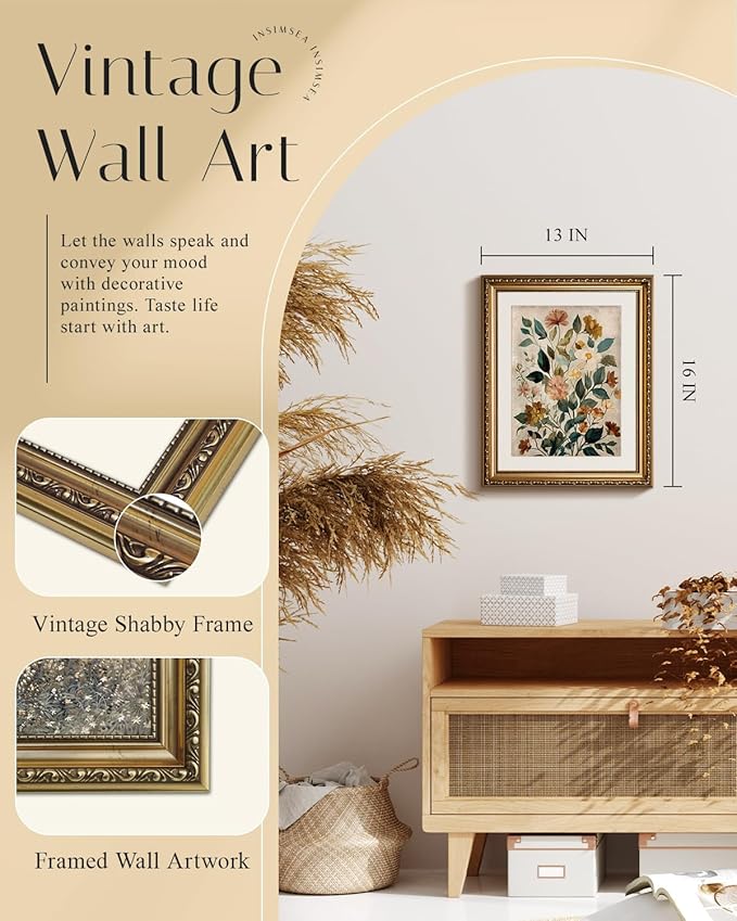 InSimSea Gold Picture Framed Wall Art, Living Room Vintage Watercolor Flower Botanical Wall Decor, Floral Canvas Print Art, Home Farmhouse Decor, Antique Paintings with Frame 13x16inch