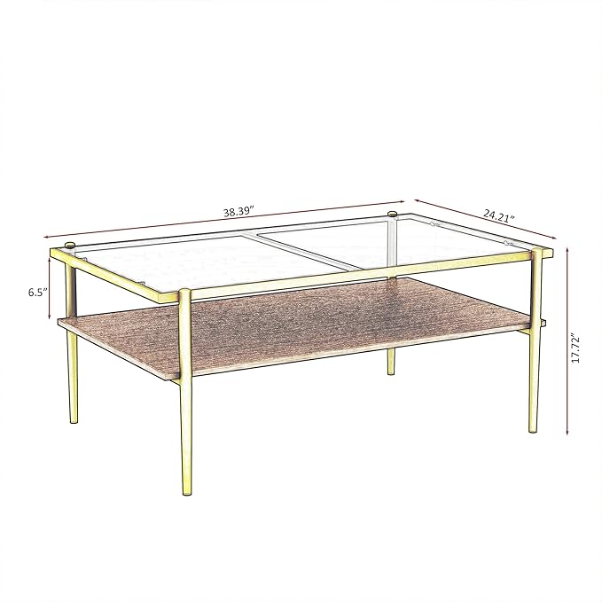 Mid Century Modern 2-Tier Coffee Table with Gray Tempered Glass Top & Wood Storage Shelf – Space-Saving Center Table for Living Room, Apartment & Small Spaces (Golden)