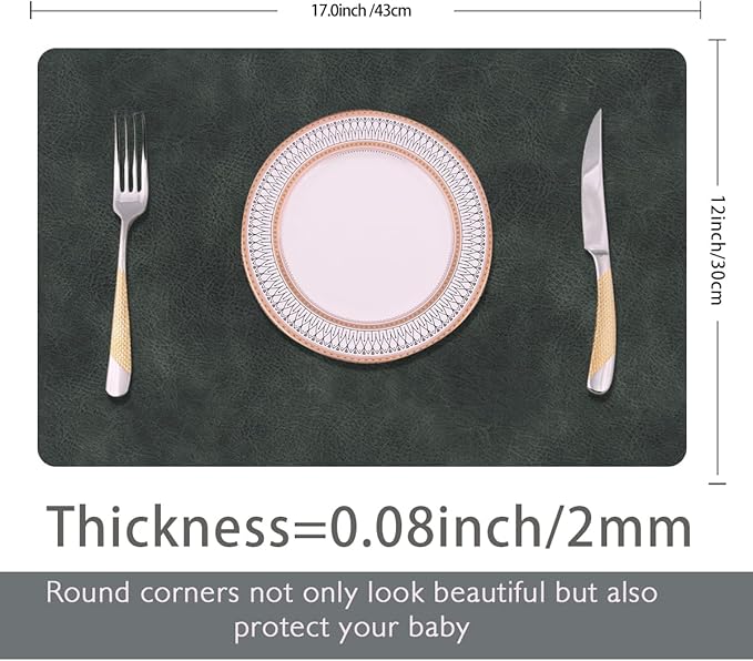 Faux Leather Soft Placemats with Rounded Corners for Kitchen Set of 6,Wipeable Reusable Place Mats,Waterproof&Stain Resistant Table Mats,Washable Heat-Resistant Non-Slip(Black-Grey)
