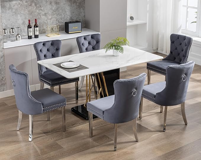 KCC Velvet Dining Chairs Set of 2, Upholstered High-end Tufted Dining Room Chair with Nailhead Back Ring Pull Trim Stainless Steel Legs, Contemporary Nikki Collection Modern Style for Kitchen, Gray