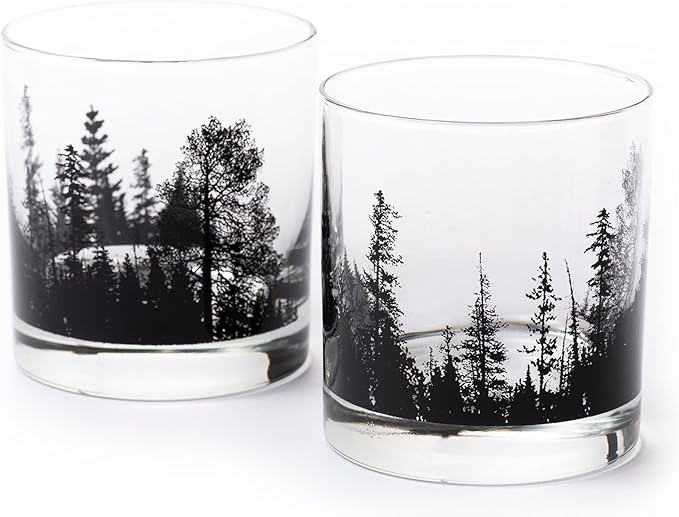 Black Lantern Whiskey Glass Set – Forest Landscape Old Fashioned Tumblers for Bourbon, Scotch & Cocktails – Nature Inspired 11oz Rocks Glasses for Home Bar & Gifts (Set of 2)