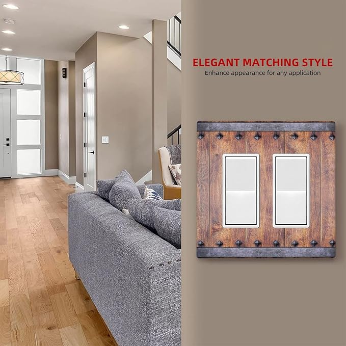 Outlet Covers Rustic Farmhouse Barn Door Vintage Wood 2 Gang Light Switch Cover Double Rocker Wall Plate Decorative GFCI Receptacle Electrical Switchplate for Bathroom Cabin Decor（2 Pack）
