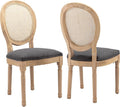 Vintage French Rattan Dining Chairs Set of 2, Solid Wood Frame with Round Rattan Back and Linen Upholstered Seat, Farmhouse Accent Sillas de Comedor Side Chairs for Dining Room & Kitchen, Gray