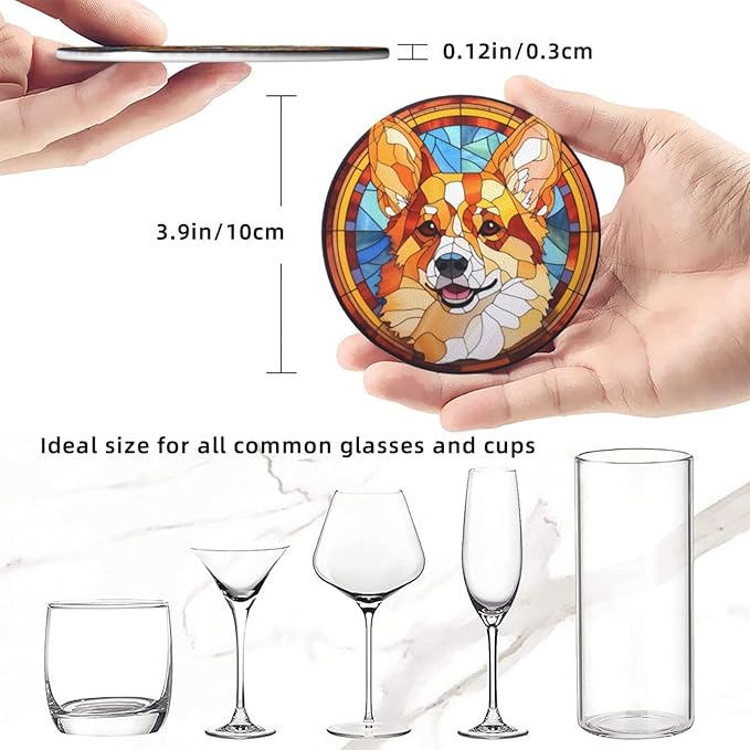 Drink Coaster Set of 6, Corgi Dog Mom Lover Gift,Leather Drink Coasters with Holder,6 Pack Cup/Bar/Drink Coasters for Table/Drinks/Coffee Protection Housewarming Gift
