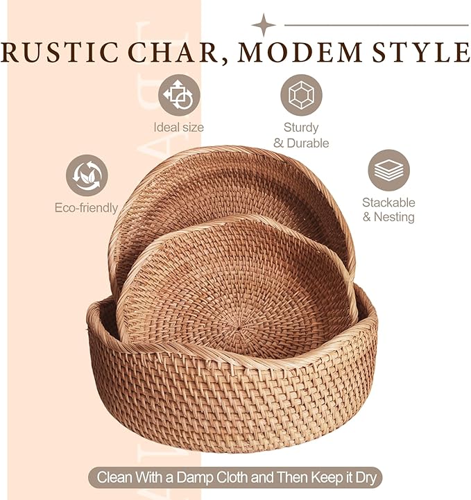Artisanal Rattan Bread Baskets for Serving, Hand Woven Decorative Bowl, Natural Wicker Fruit Basket for Kitchen Counter, Bread Basket for Serving, Fruits, Snacks, Nuts, Keys, Wallets, Etc.(Wave-Combo)