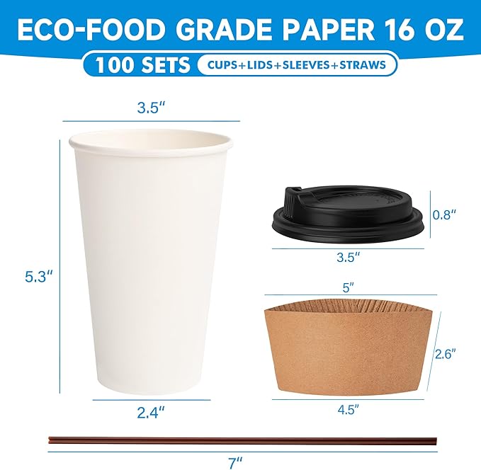 RACETOP 16 oz 100 Pack Disposable Paper Coffee Cups with Lids, Sleeves and Stirrers, Hot Cups, Paper Cups with Lids, Sleeves and Stirrers, Ideal for Home/Office