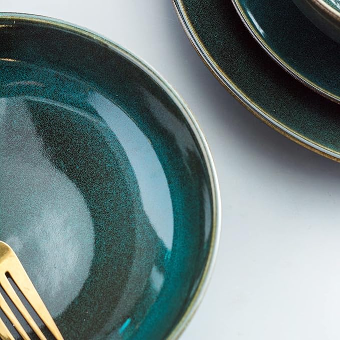 UNICASA Ceramic Pasta and Salad Bowls Set of 4, 26 oz Reactive Glaze Dish Bowls, Microwave and Dishwasher Safe, Olive