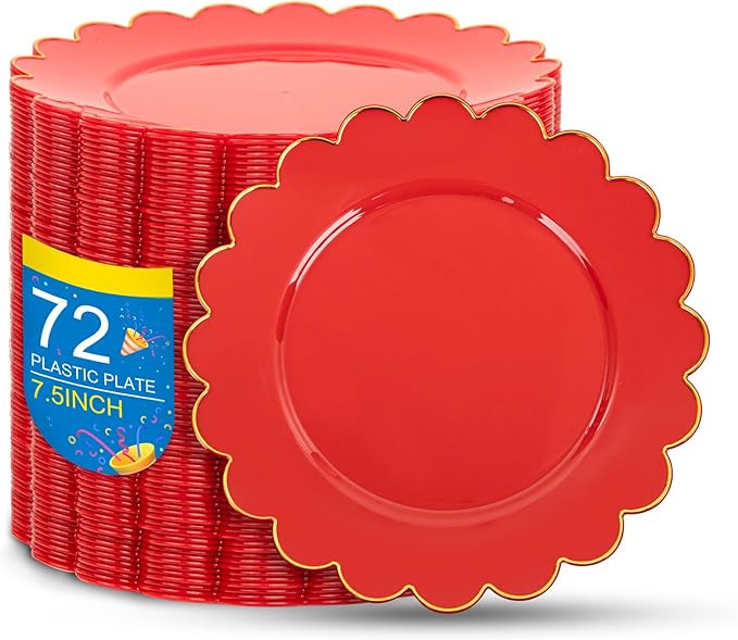 SUT 72Pcs Red Plastic Plates-7.5inch Dessert Plates with Gold Trim, Red Disposable Plates,Fancy plastic plate, Heavy Duty Plastic Plate for Wedding & Parties