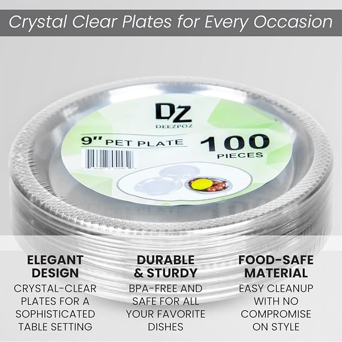 9 Inch Clear Plastic Plates 100 Bulk Pack - Disposable Cake Plates for Dessert & Appetizers, BBQ, Party, Travel and Events,Recyclable (pack of 100 clear)