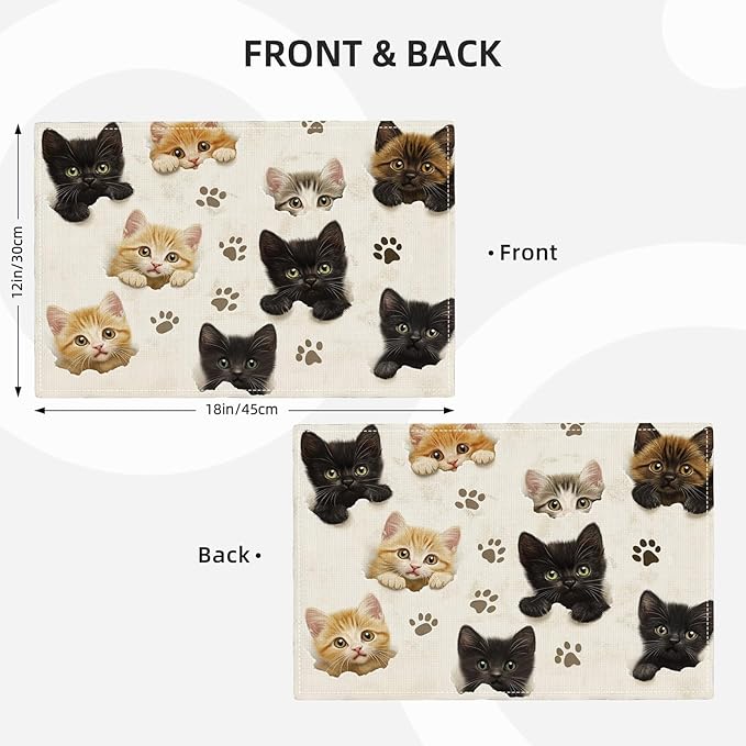 Cat Placemats Set of 4, Cute Black Cats Table Mats, Animal Washable Place Mats for Coffee Bar Home Party Indoor Kitchen Dining Table Decoration 12x18 Inch