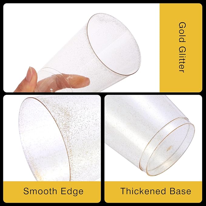 N9R 100PCS 12oz Gold Plastic Cups, Gold Glitter Disposable, Elegant Wedding and Party Cups
