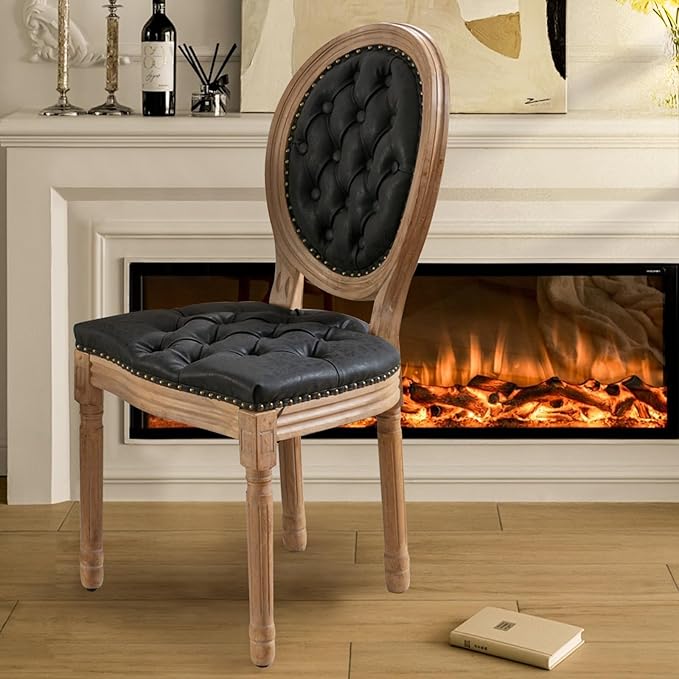 SoarFlash French Dining Chairs Set of 2, Vantage Dining Chair with Round Back, Wood Leg Farmhouse Country PU Leather Dining Chair for Kitchen,Bedroom,Black