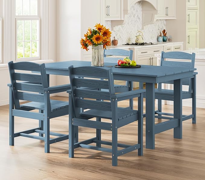 SERWALL Dining Table Chairs Set for 4，67" Extended Large Dining Table with 4 Chairs, HDPE Dining Set for Home, Kitchen, Dining Room, Blue