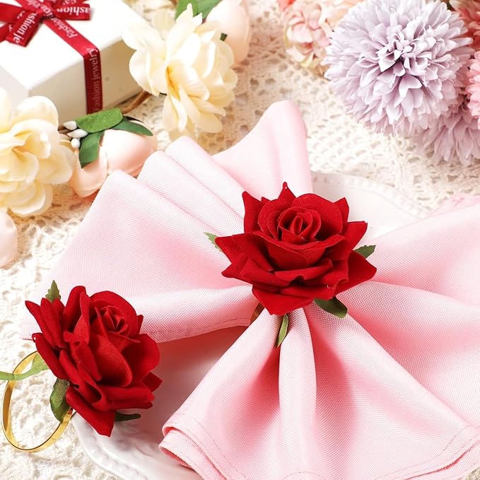 Honeydak 16 Set Valentine's Day Napkin Ring Rose Flower Metal Napkin Ring Designed with Rose Serviette Buckle for Valentine's Day Wedding Anniversary Party Dinner Table Decoration (Red)