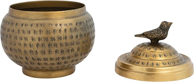 Round Hammered Metal Container with Bird Finial, Brass Finish