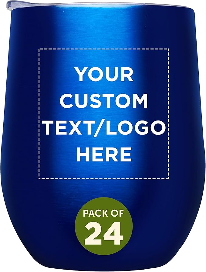 Custom Stemless Wine Glass Tumblers with Lids by Largo 11 oz. Set of 24, Personalized Bulk Pack - Perfect for Wine, Cocktails, Other Hot & Cold Beverages - Blue