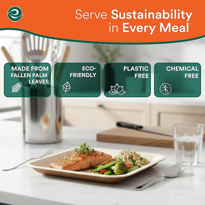 ECO SOUL Palm Leaf Disposable Bamboo Plates 10" Square Compostable & Biodegradable Party Plates for Dinner, Weddings, Parties & Events 200 Count