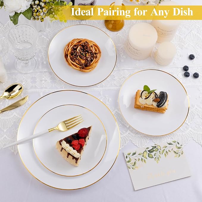 100 PCS Gold and White Plastic Plates, 10 inch White Disposable Plates for Party, Plastic Dinner Plates for Party, Graduation, Birthday, Wedding