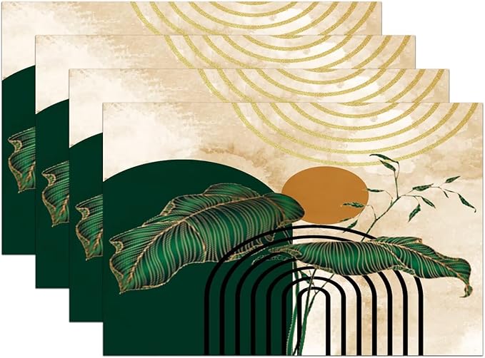 Abstract Emerald Placemats Minimalist Modern Contemporary Aesthetic Vintage Arch Neutral Washable Place Mats 12x18Inch for Dining Kitchen Farmhouse Decor 4 PCS