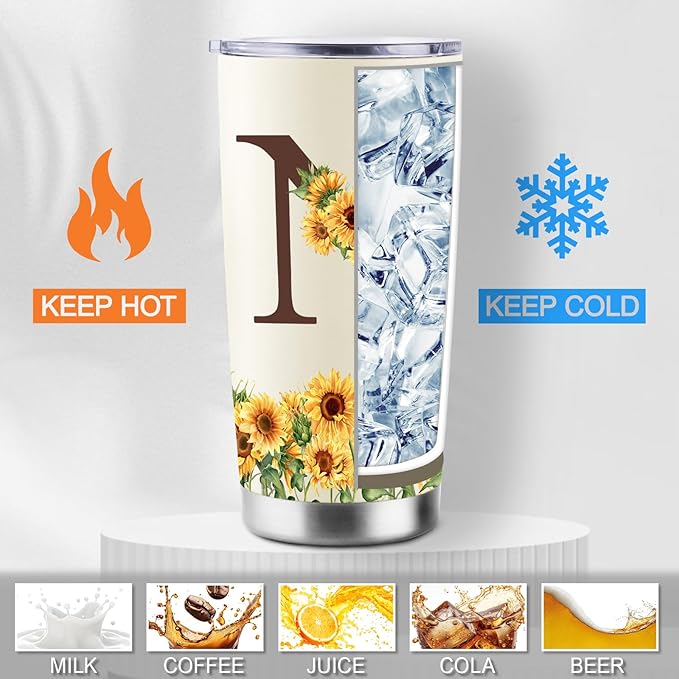 Sunflower Gifts for Women - Personalized Christmas Gifts for Women - Birthday Gift for Woman - Mothers Day Gift for Mom - Monogrammed, Initial 20oz Travel Cup Insulated Tumbler with Lid, N