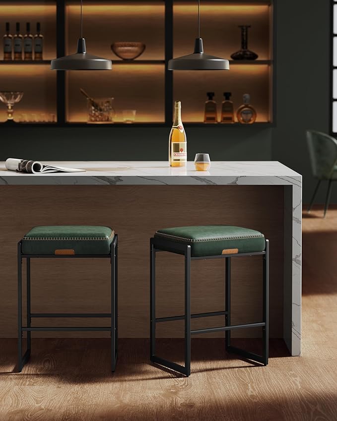 VASAGLE EKHO Collection - Bar Stools Set of 4, Counter Height Bar Stools, Synthetic Leather with Stitching, Mid-Century Modern Counter Stools, 26-Inch Tall, Kichen Home Bar Dining Room, Forest Green