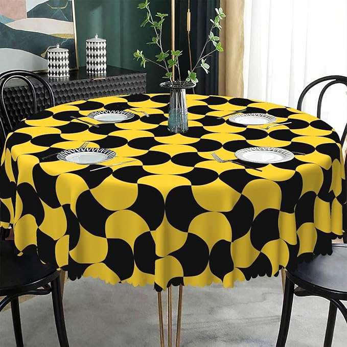 Laeacco 36 Inch Geometric Round Tablecloth Black and Gold Abstract Pattern Modern Art Print Table Cloth Washable Waterproof Wrinkle Free Table Cover for Kitchen Dining Picnic Party Decoration