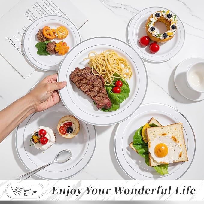 WDF 120PCS Plastic Plates White Silver Rim - Disposable Plates including 60PCS for Dinner 10.25inch, 60 Salad/Dessert Plates 7.5inch Heavy Duty Wedding Party Birthday