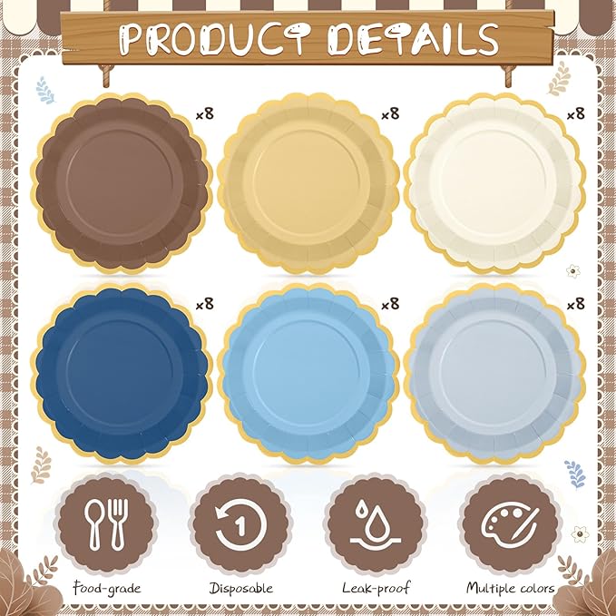 48 Pcs Blue Brown Paper Plates 9 Inch Gradient Scalloped Paper Plates Disposable Dinner Dessert for Birthday Wedding Bridal Party Supplies, 6 Colors