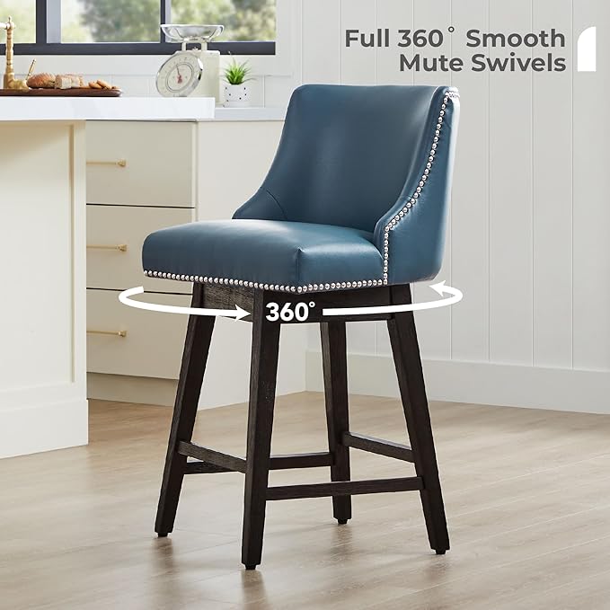 CHITA Counter Height Swivel Bar Stools Set of 3, FSC Certified Upholstered Counter Stools, Modern Swivel Barstools with Wood Legs for Kitchen Island, 26" Seat Height, Faux Leather in Blue