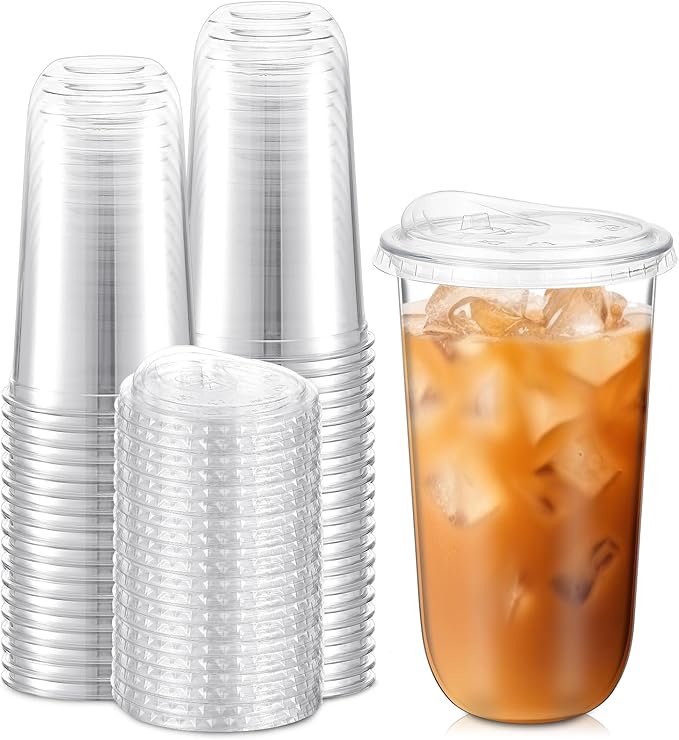 50 Sets Clear Plastic Cups with Strawless Sip Lids, Thickened Clear Disposable Plastic PET Crystal Cups for Iced Coffee, Smoothie, Cold Beverage, Drink Shops and Party Catering (20 oz)