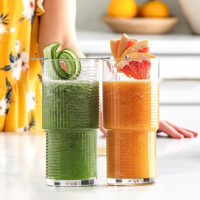 LAV Vintage Soft Drink Glass Set of 4-17.4 oz Ribbed Highball, Iced Tea, Iced Coffee, Water, Milk, Mocktails, Cold Brew, Durable, Lead-Free, Eco-Friendly Glassware, Home, Bar - Aesthetic, Elegant