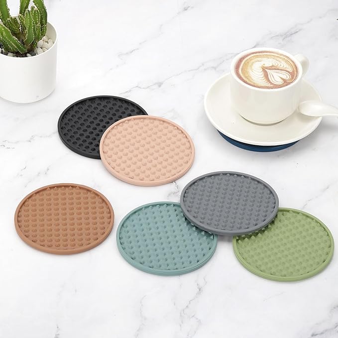 uxcell Set of 6 Round Drink Coasters with Holder, 4" Silicone Coaster for Drinks Non-Slip Cup Coaster Heat Resistant Glass Cushion for Bar Kitchen Office Decor, Light Blue(Pentagon)