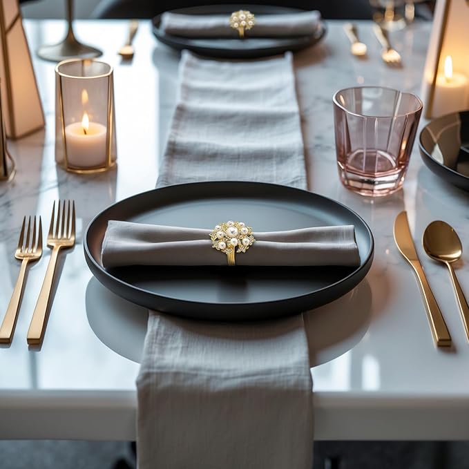 Decozen Set of 12 Gold Napkin Rings with Pearl Design, Festive, Table Decor Setting for Holiday, Wedding, Birthday, Kitchen, Home Decor, Housewarming Gift - Thanksgiving & Christmas Gift Decoration