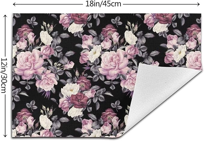 Vintage Floral Placemats Set of 4 Pink Rose Peony Flower Blossom Black Wipeable Table Mats Reusable Washable PVC Rectangle Place Mats for Kitchen Dining Home Decor 12x18 Inches