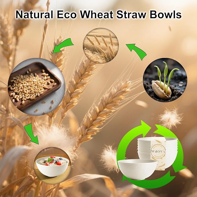Wrova Beige Wheat Straw Bowls for Cereal and Salad,Alternative Plastic Bowls Set of 6,40oz Unbreakable Soup Bowls suitable for Kitchen,Party,Camping and R.V.